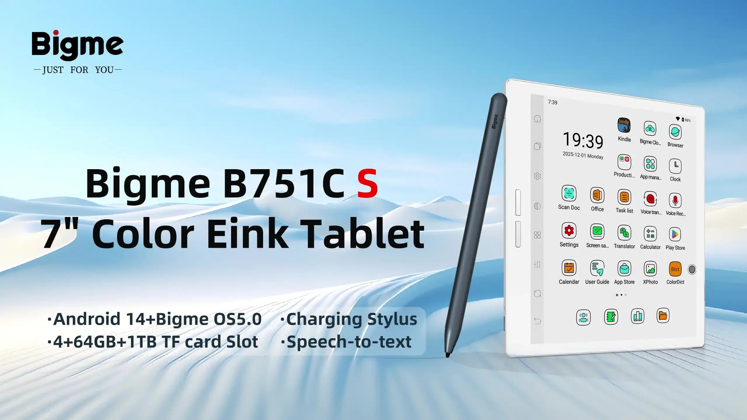 Bigme B751C S 7インチ電子インク電子書籍リーダー、36段階フロント
