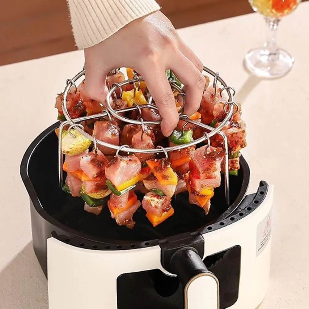 Steel Grilling Rack Air Fryer Grill Rack Round BBQ Grill Home Oven Kitchen Skewers Foldable Design L7Q3
