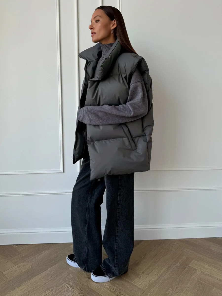 Casual Loose Sleeveless Jackets Parkas Female Winter New Streetwear Outwear For Women Lapel Tank Top Patchwork Coat