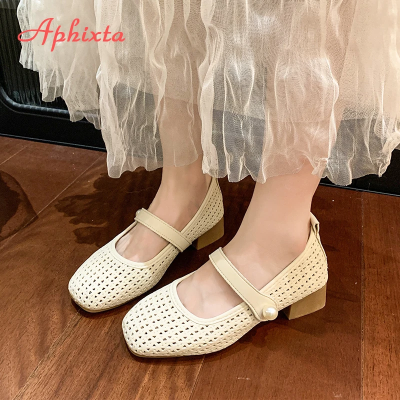 Aphixta 3.5cm Square Heels Women Mary Janes Shoes Hook Loop Pearls Weave Design Dress Shoes Breathable Med Heel Woman Shoes
