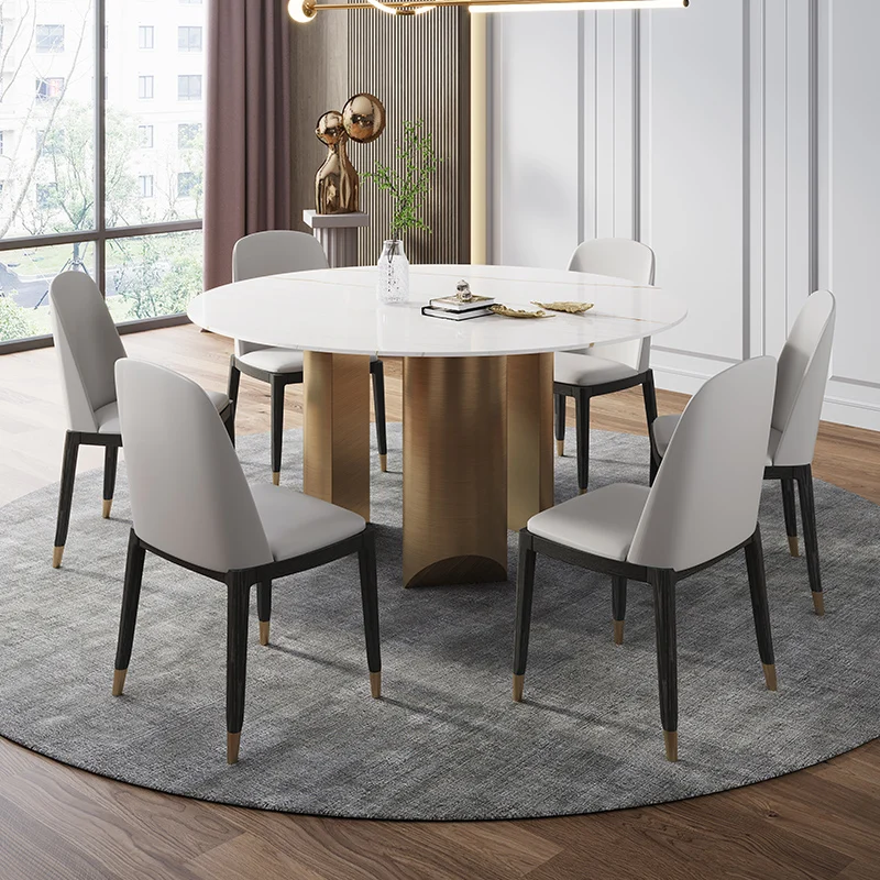 

Italy imported round dining tables and chairs with rock plates, Nordic modern simple and luxurious dining room rotating dining t