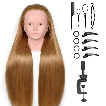 Testa di manichino per trucco per capelli sintetici da 24 pollici, testa di bambola per pratica manichino di bellezza, con supporto da tavolo e set per acconciature