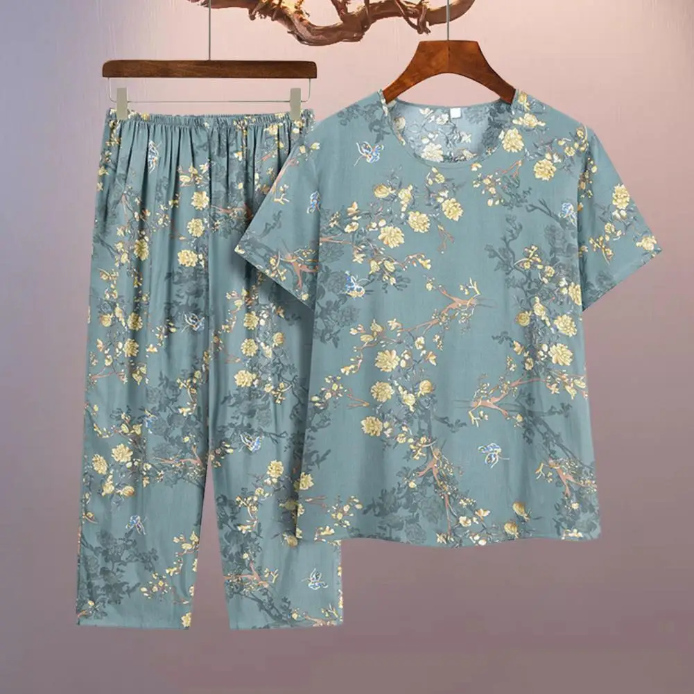 Ladies Pajamas Suit Stylish Mid-aged Grandmother Homewear Set Floral Print Pajamas with Wide Leg Trousers Elastic Waist women pajamas set women pajama suit