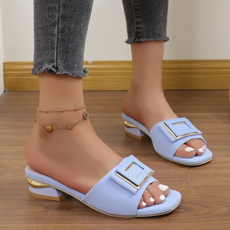 Fashion Women High Heel Slippers Summer Slip on Elegant Low