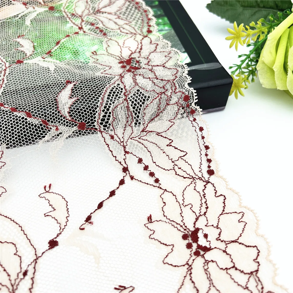 3y/lot Width 17cm 2-Tone Shiny Apricot Dark Red Elastic Stretch Lace Trim 2