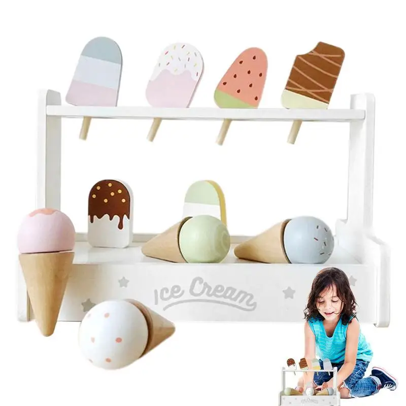 

Wooden Ice Cream Toy Pretend Play Simulation Montessori Ice-cream Cone Kitchen Food Toys Preschool Educational For Kids Gifts