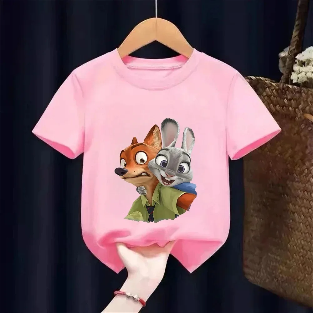 Zootopia 키즈 티셔츠 여름 어린이 영화 코튼 반팔 탑 소년 애니메이션 패션 귀여운 티 소녀 캐주얼 의류 생일 선물