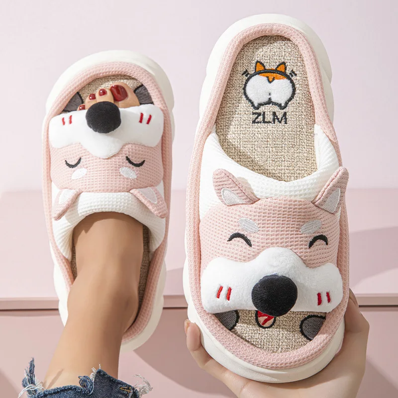 Linen Platform Slippers Women Home Cute Cartoon Dog Designer Shoes Girls Fashion Casual House Slipper Ladies Elegant Open Toe 4
