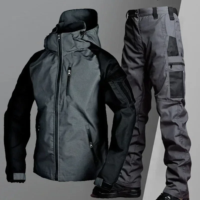 Men's Tactical Hooded Sets Outdoor Multiple Pockets Wear-resistant Hunting Hiking Jackets+cargo Pants Suits Male Spring Autumn