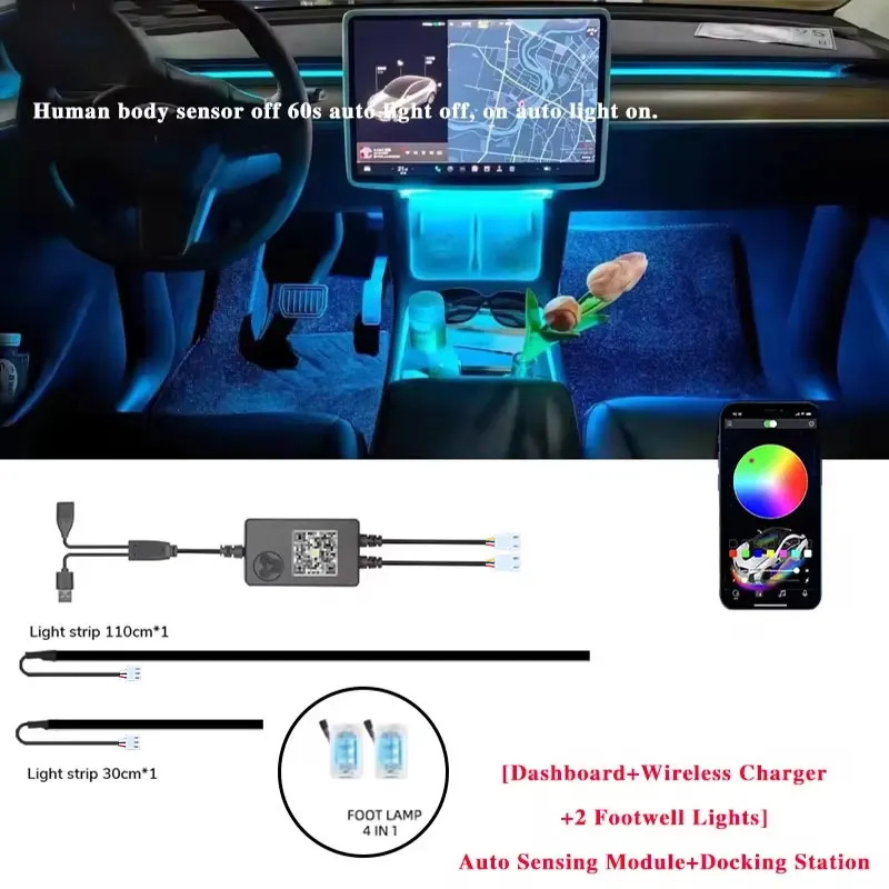 Für Tesla Modell 3 Modell Y Auto Umgebungs Licht 60 Sekunden Automatische OFF Modul Mit USB Expansion Dock RGB APP Dashboard Beleuchtung