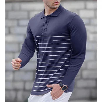 Polo da uomo a maniche lunghe con stampa a righe e colletto a risvolto, casual per l'autunno e l'inverno