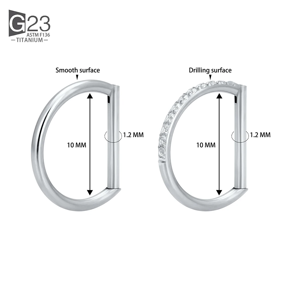 10Pcs ASTM F136 Titanium Piercing  Nose Ring Jewelry 16G Nose Ring Half Ring CZ Paved D Shape Segment Ring Clicke Cartilage