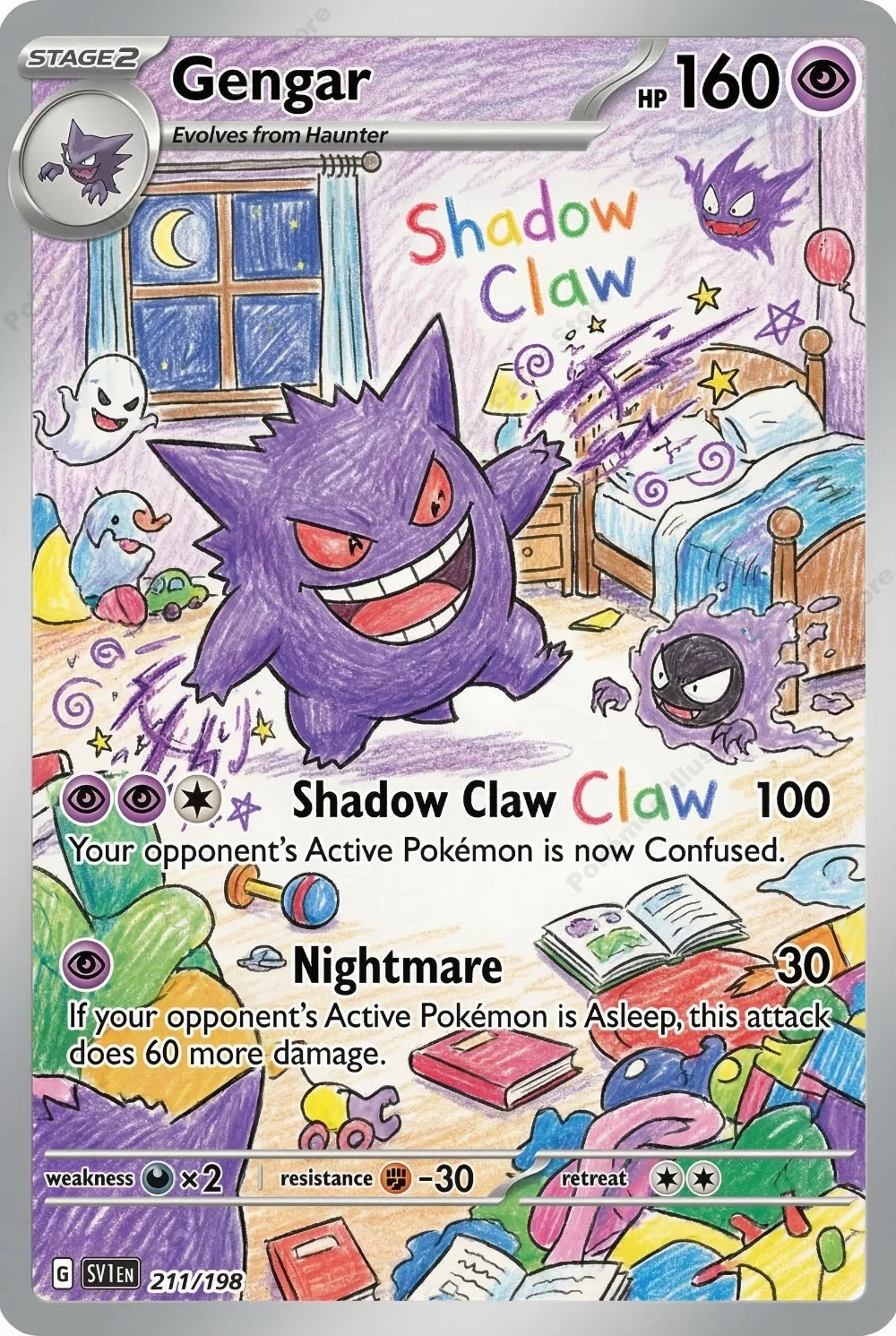 5Pcs 카드 Gengar 어린이 손으로 그린 ??그림 애니메이션 게임 트레이딩 카드 PTCG 컬렉션 취미 홀로 카드 장난감 선물
