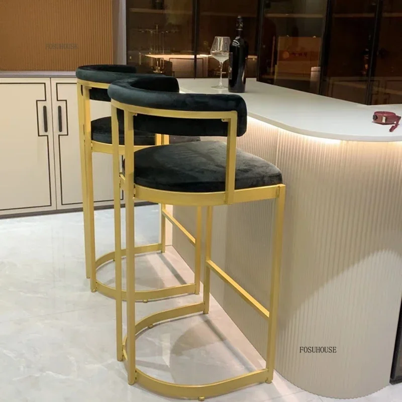 Household High Bar Chairs for Kitchen Furniture Light Luxury Flannel KTV Cafe High Bar Chair Modern Iron Backrest Stools