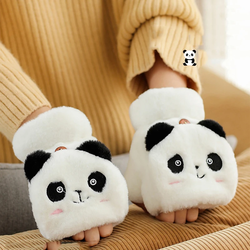 

Cute Panda Plush Gloves Mittens Flip Fingerless Gloves Winter Warm Cold-proof Half-finger Gloves Plush Soft Thick Winter Gloves