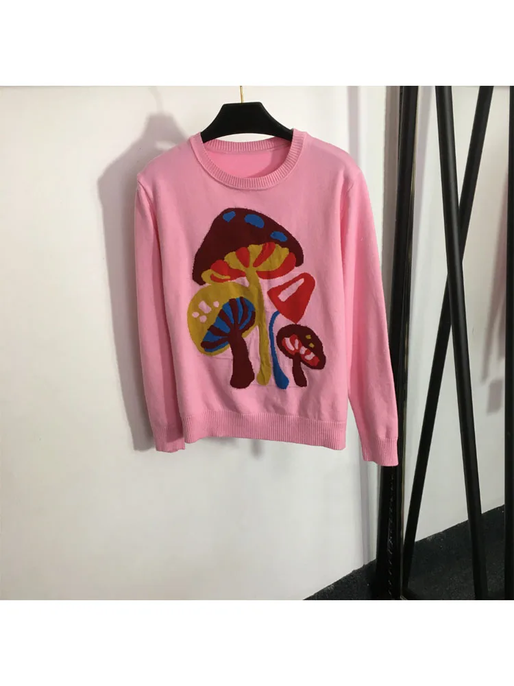 

2023 New Women Fashion Casual Comfortable Soft Mushroom Pattern Crew-Neck Long-Sleeved Pullover Sweater Top
