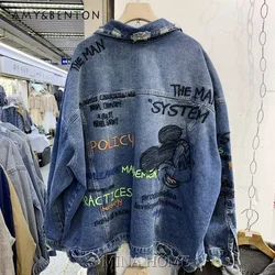 Potdemiel Women's Denim Clothing Spring Heavy Industry Cartoon Embroidered Loose-Fitting Workwear Jacket Make Old Ripped Coat
