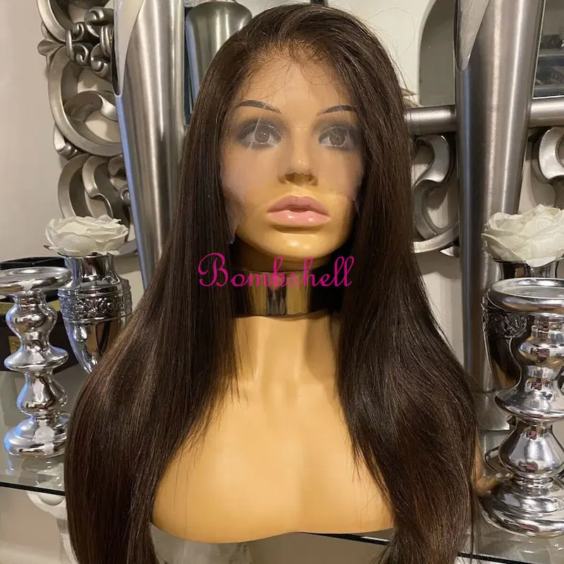 

Bombshell Dark Brown Straight Synthetic Lace Front Wigs Glueless High Quality Heat Resistant Fiber Natural Hairline For Women