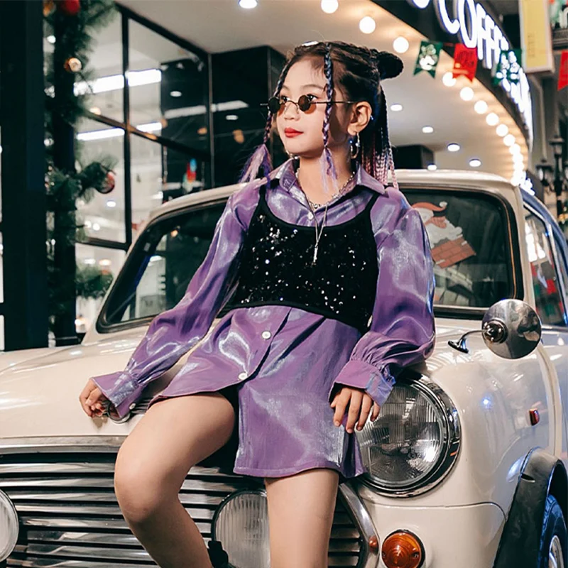 

Детская Одежда для танцев в стиле хип-хоп, фиолетовая рубашка, жилет с блестками для девочек, костюм для джазовых танцев и сцены, одежда для фестиваля, одежда для уличных танцев YS3310