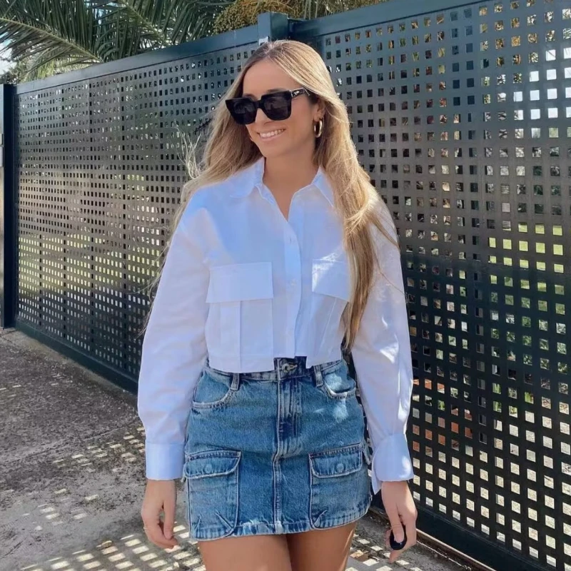 

Women's New Simple and Versatile Solid Color Pocket Decoration Flip Collar Patch Pocket Short Women's Shirt