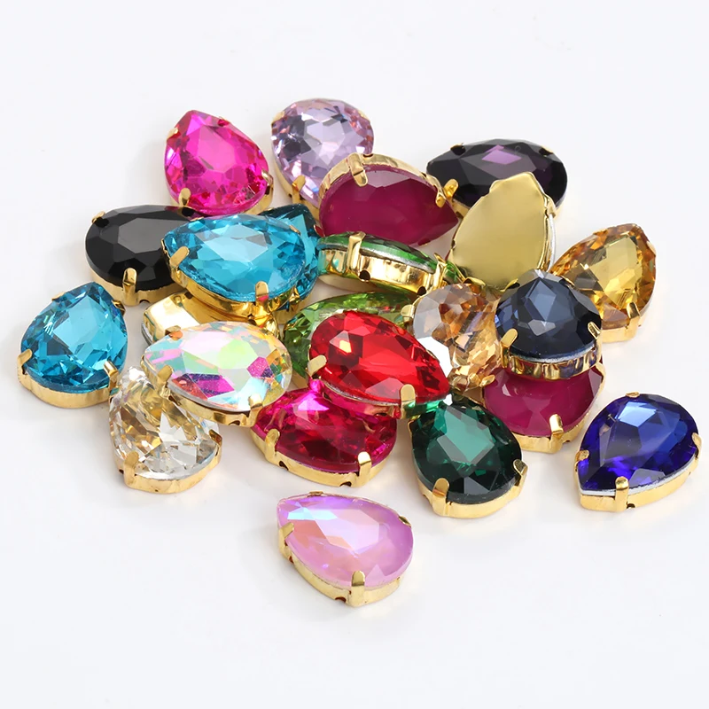 50pcs Multicolor Oval Claw Rhinestones Golden Flat Back Shiny Beads Trim Sew  On Rhinestones For Clothes Decoration