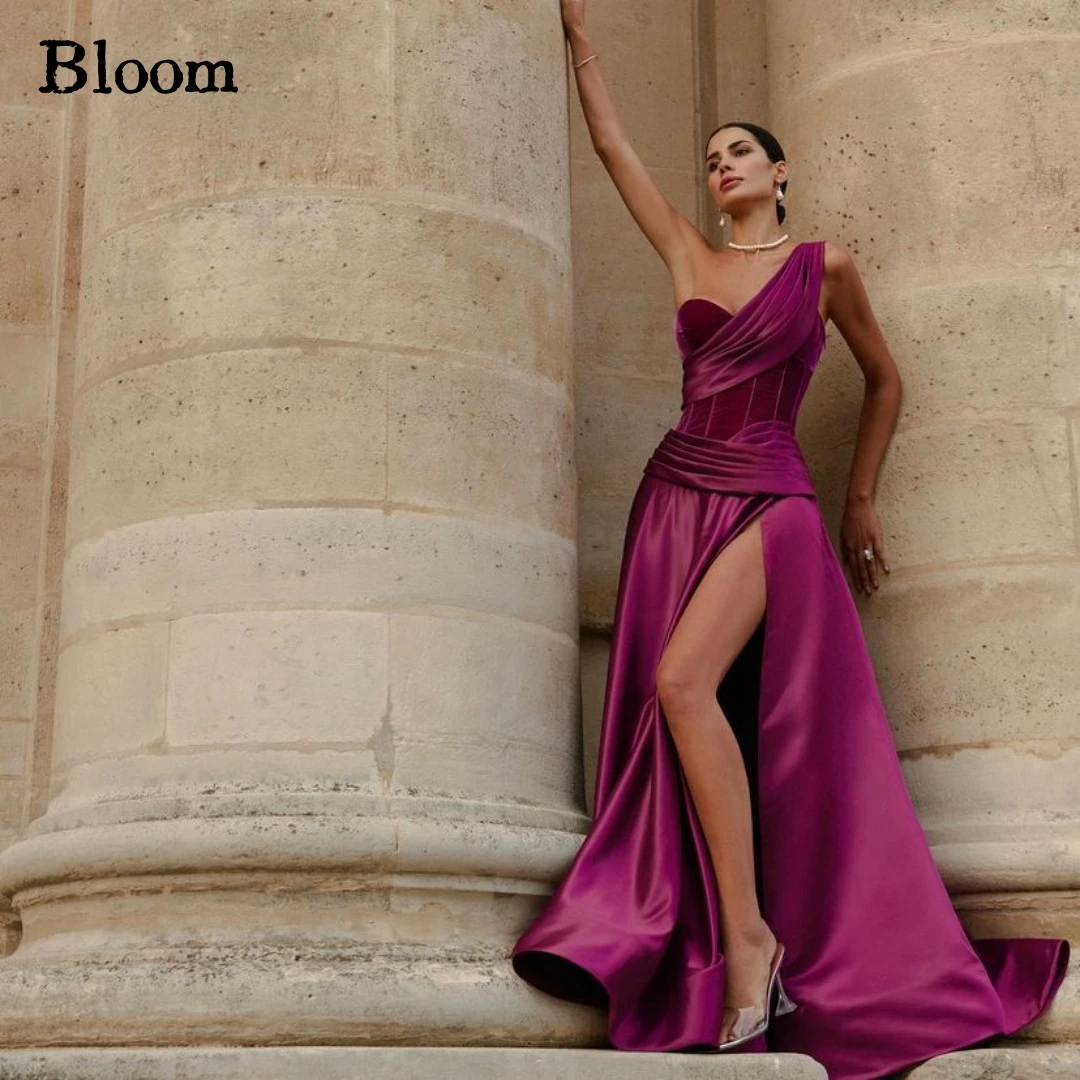 

Bloom Velvet One-Shoulder Evening Dresses For Prom Satin High Split Floor-Length 2024 New Celebration Wedding Party Dress