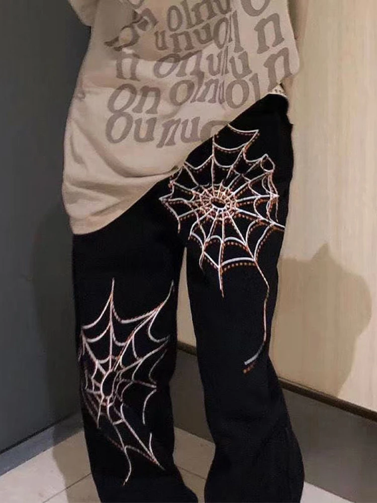 QWEEK Gothic Grunge Spider Wed Print Oversize Black Baggy Jeans Women Hippie High Street Wide Leg Denim Pants Emo Trousers black ripped jeans