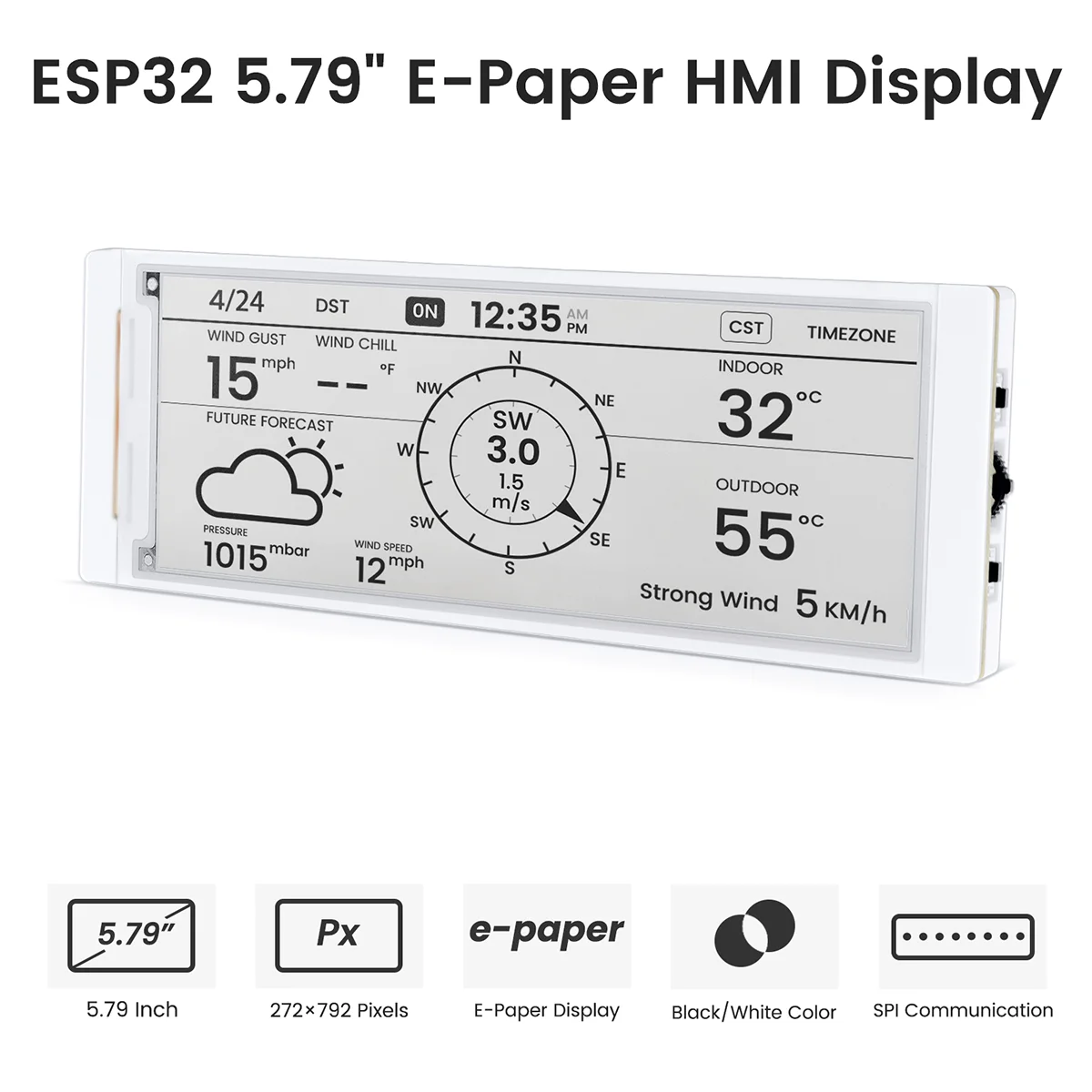 CrowPanel 5.79Inch E-paper E-ink 272*792 ESP32-S3 HMI Display Black/White Driven By SPI Interface Arduino /ESP/MicroPython