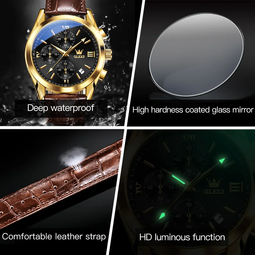 OLEVS 2872 Quartz Multifunctional Exquisite Men Wristwatches, PU Strap Sport Waterproof Watches For Men Luminous Chronograph 2