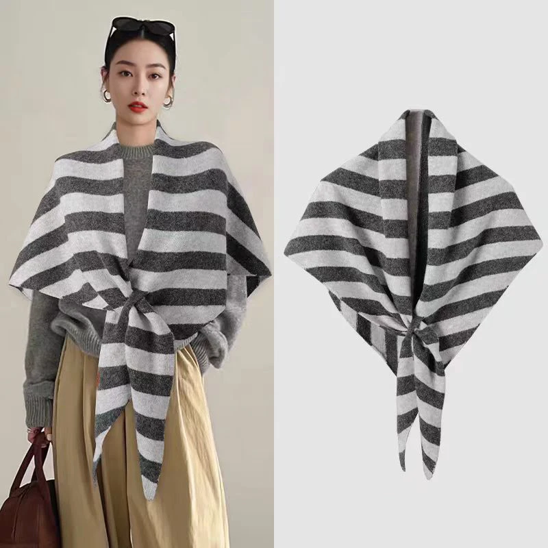 2025 Autumn and Winter New Women's Neck Wrap Wool Blended Triangular Striped Shawl Female Thickened With Knitted Warm Shoulder