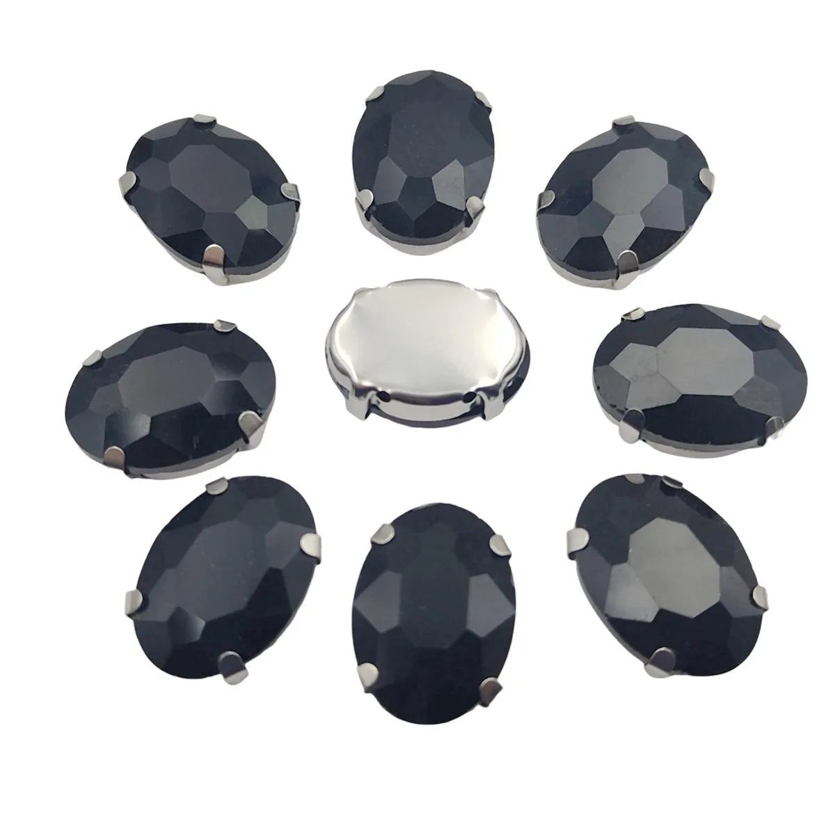 Oval Glass Rhinestones with Claw Setting on Silver Metal Base