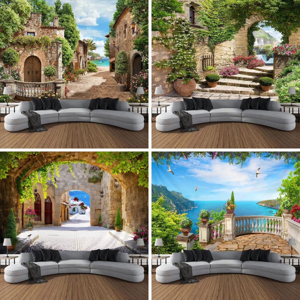 Mediterrane Outdoor Landschap Wandtapijt Italiaanse Stedelijke Rustieke Bloemenmuur Grote Muur Opknoping Voor Patio Slaapkamer Wanddecoratie