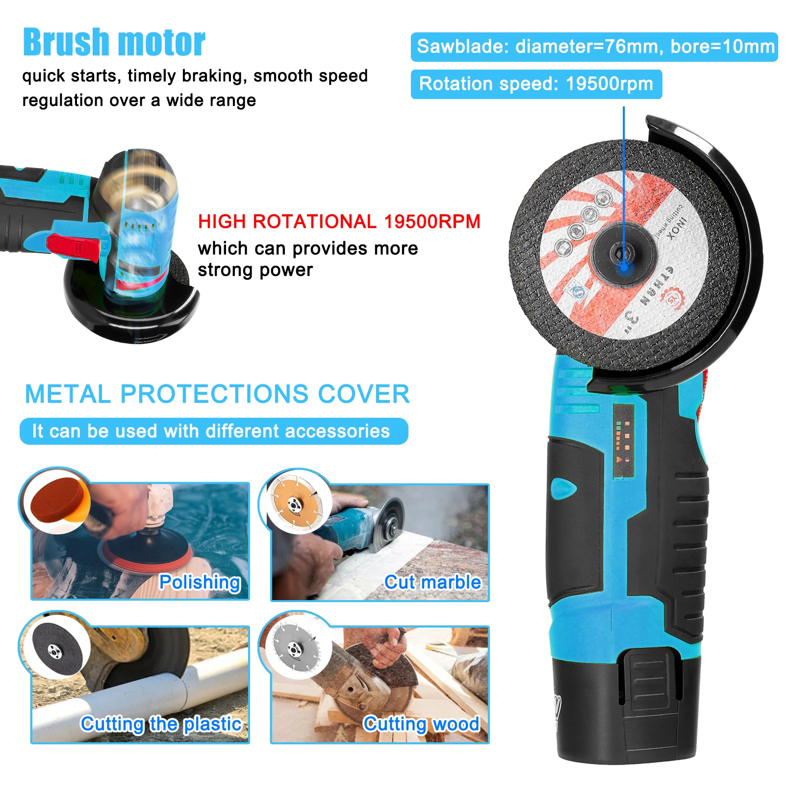 Electric Angle Grinder Cordless 9500rpm Handheld Polishing Grinding Machine Diamond Cutting Power Tools 12V Battery Rechargeable