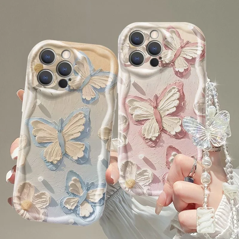 Elegant Butterfly Pattern Phone Case with Lanyard Attachment