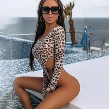 

Sexy hot girl mesh perspective leopard print slim fit bodysuit 2022 new autumn long-sleeved Bodysuit women top open-waist women