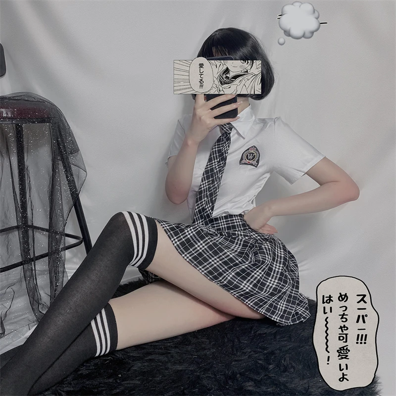 3Pcs Women School Uniform Girl Sexy Jk Student Clothing Japanese School Cosplay Costumes Split Anime lattice Tie+Top+Skirt
