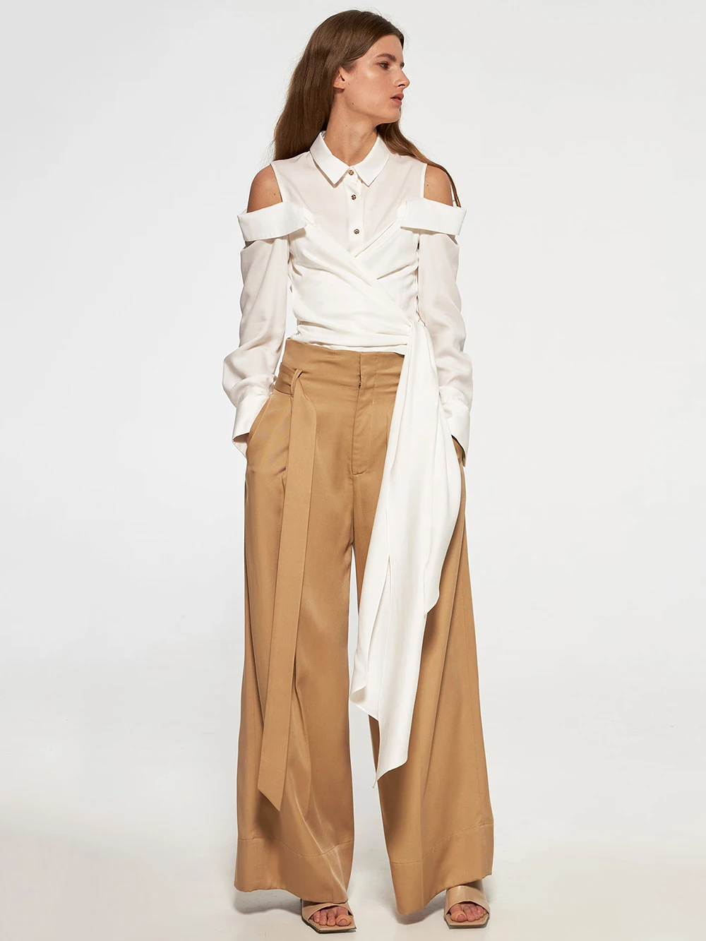 

Modphy Lace up Long sleeved Off the Shoulder Design Spliced Shirts For Women Solid Blouses 2024 Spring New Fashion Clothes