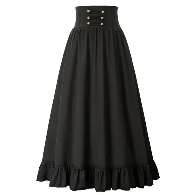 Vintage Renaissance Pleated Maxi Corset Button Skirt Women A Line Costume Victoria High Waist Gown Big Swing Floor Ruffle Skirt