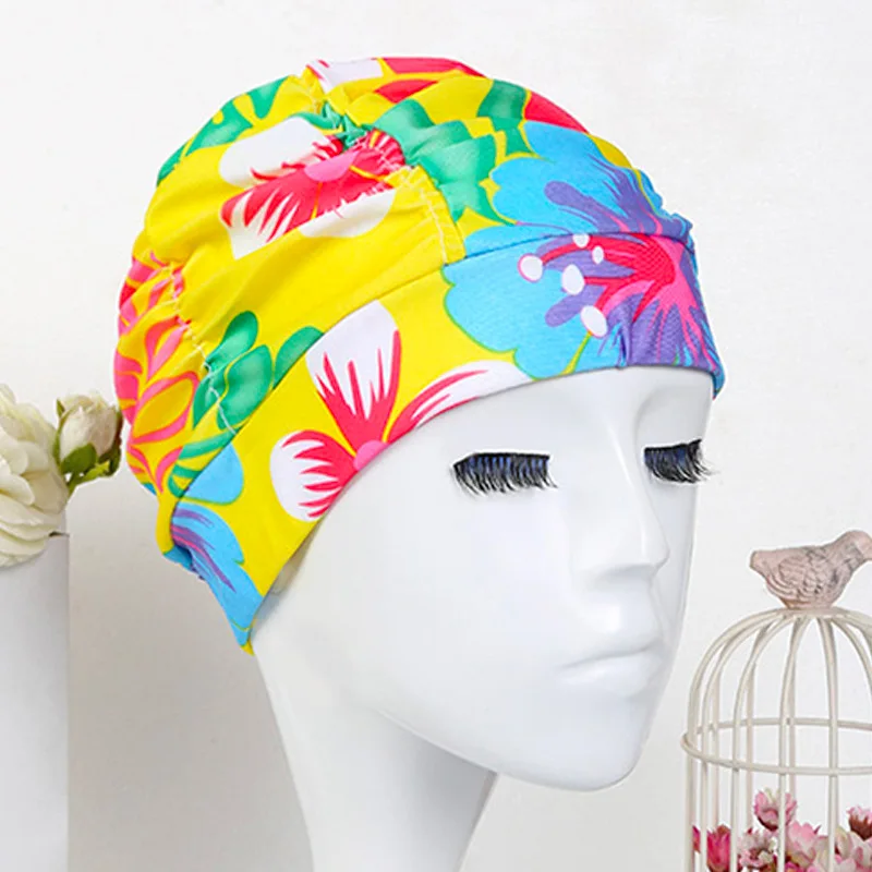 Swimming Cap Women Fabric Pleated Long Hair Nylon Turban Elastic Adults Flowers Printed