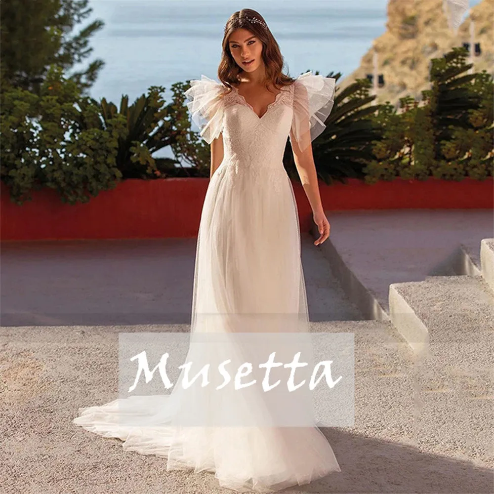 

Женское свадебное платье из тюля Musetta, с V-образным вырезом, кружевной аппликацией, а-силуэт, с коротким рукавом и открытой спиной, свадебное платье до пола