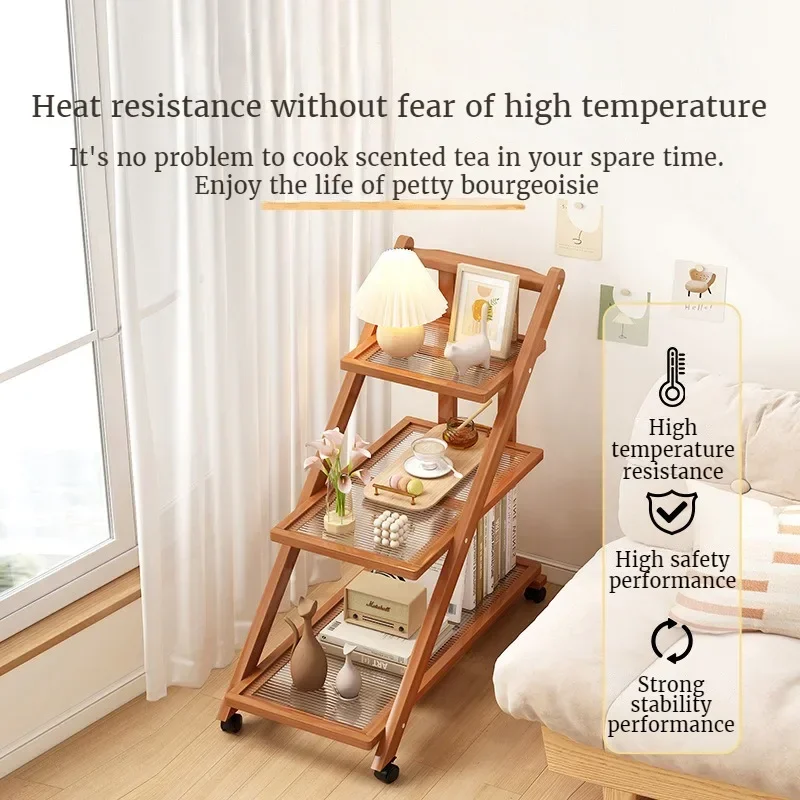 End Table with 3-Tier Storage Shelves Adjustable End Table with Wheels Rolling Bedside Wheels for Living Room Bedroom
