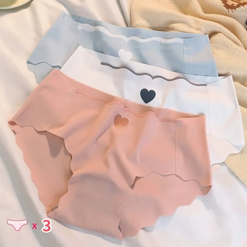 

3PCS/Lot Sexy Love Ice Silk Panties Women Middle Waist Seamless Cotton Underwear Female Ladies Traceless Briefs Girl Lingerie