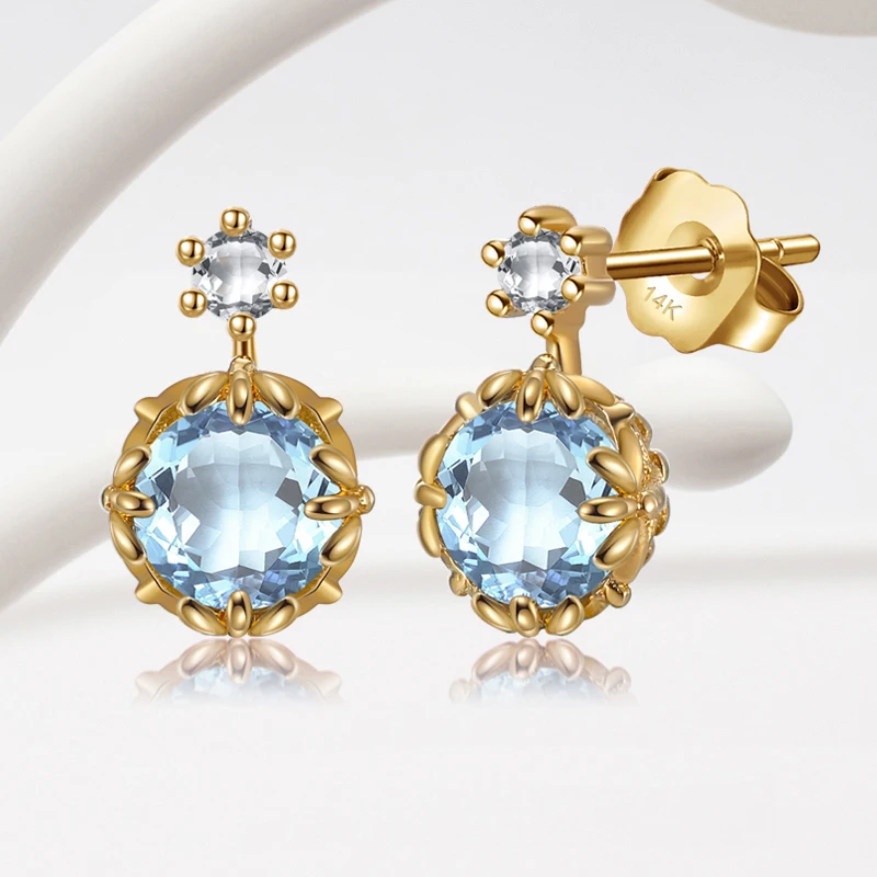 Effie Queen Real 14K 18K 10K Gold Stud Earrings Woman Natural Topaz Earring Solid Yellow Gold Trend Fine Jewelry Gift Girl GE07