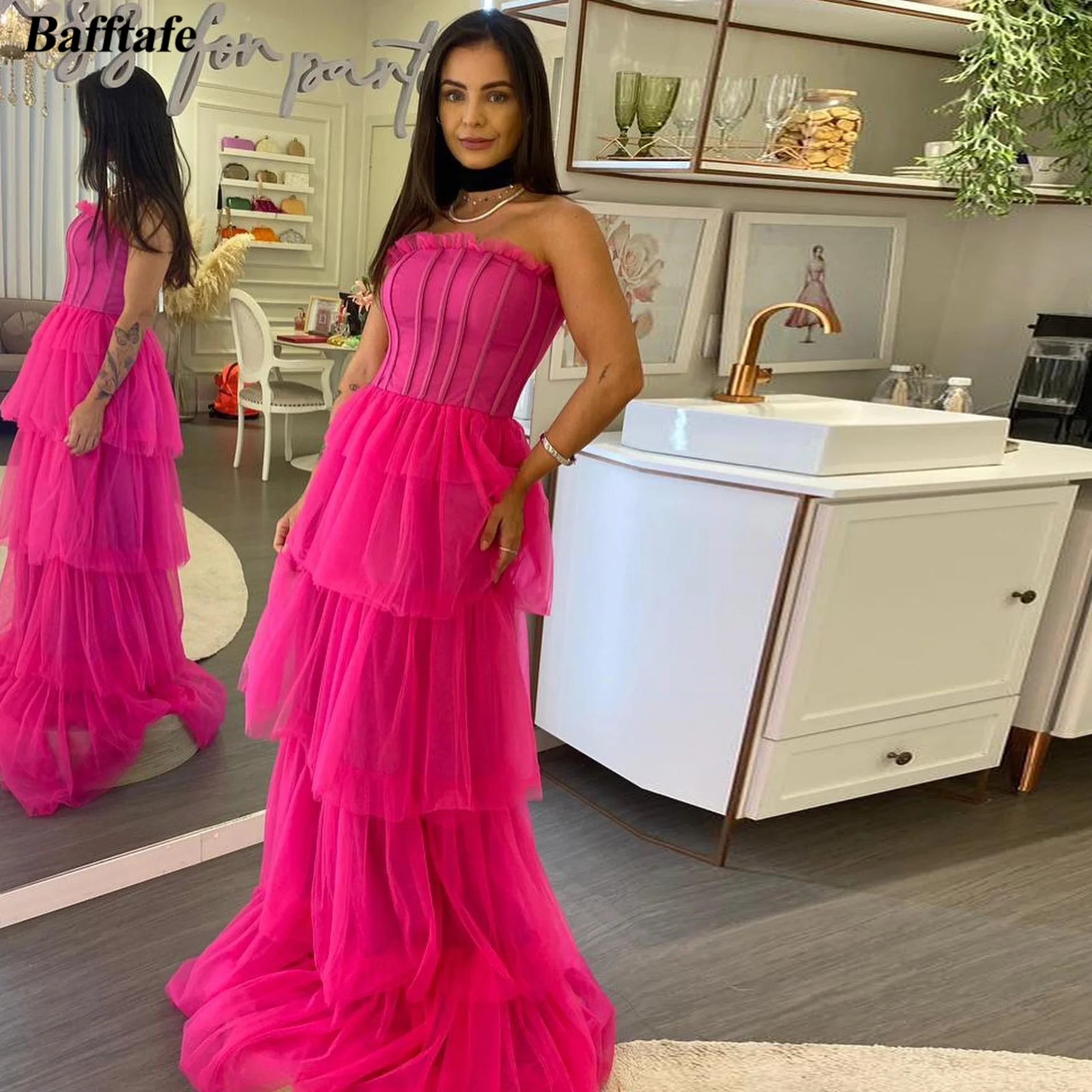 

Bafftafe Fuchsia A Line Tulle Women Prom Dresses Tiered Skirt Bones Top Evening Gowns Formal Occasion Long Birthday Dress 2024