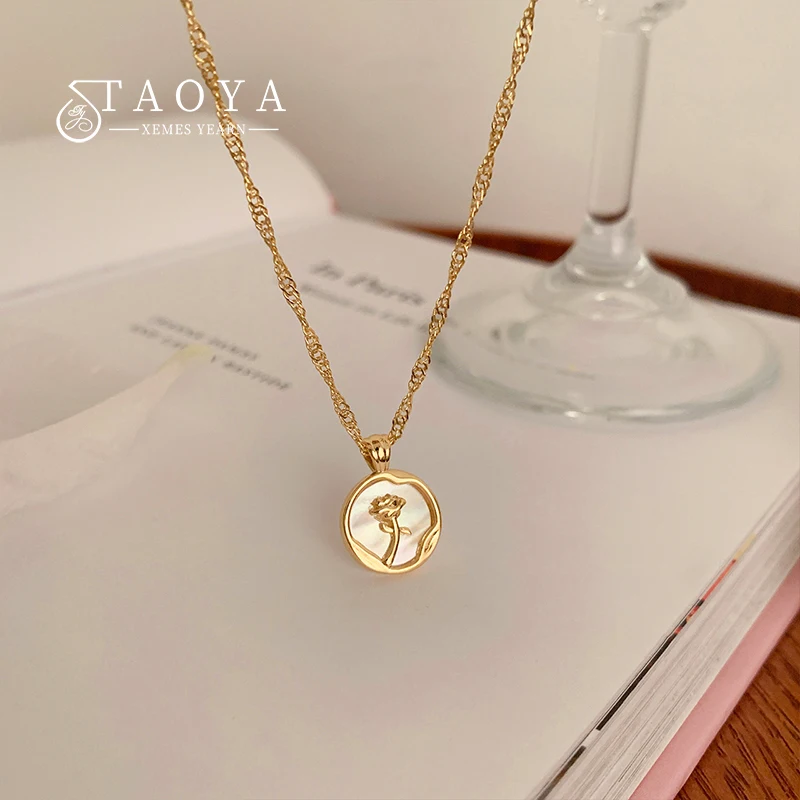 2025 New Irregular Round Shell Metal Rose Pendant Stainless