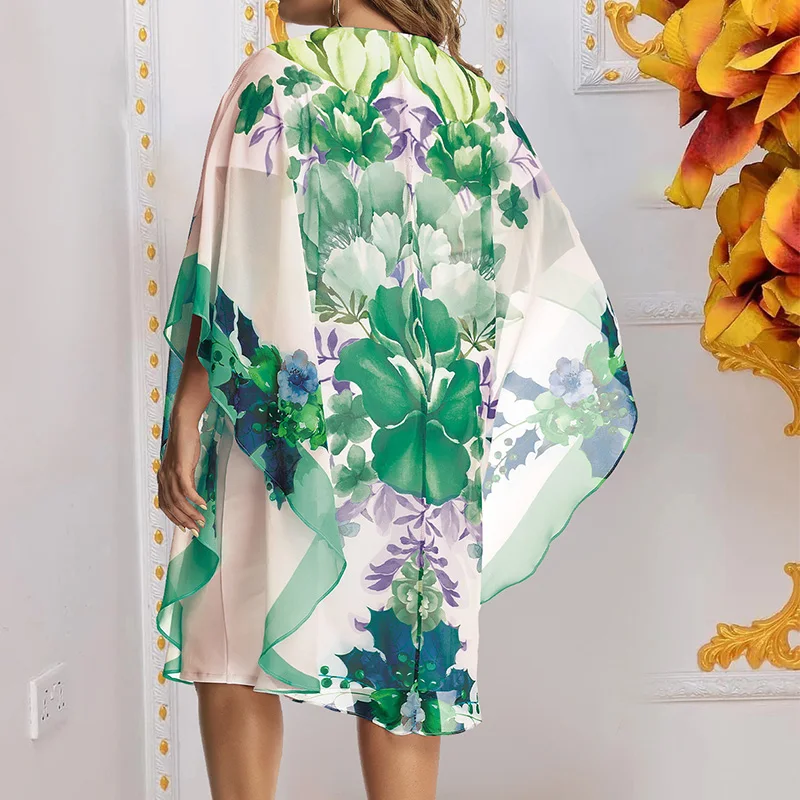 Spring Summer Plus Size Clothes Women Round Neck Diamonds Splicing Floral Print Batwing Sleeve Loose Chiffon Elegant Midi Dress