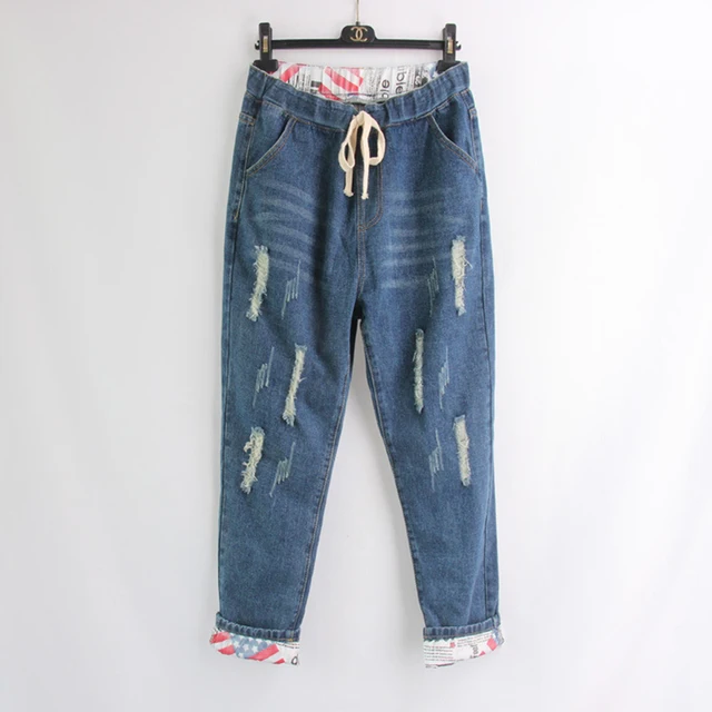  - Women Stitching Soft Denim Big Jeans L-4XL 5XL 6XL Loose Casual Hole Brand High Quality Pants Long For Women