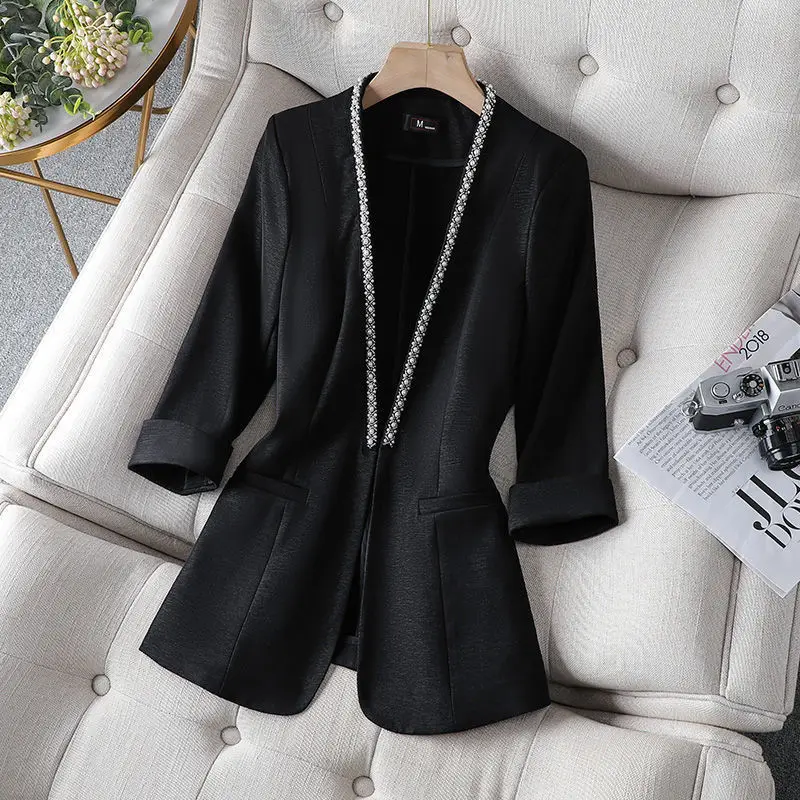 

High-Grade Small Suit Outcoat Slim Fit All-match Women Outwear Spring Autumn New Fashion Pearl Grace No Buckle Suit Jacket
