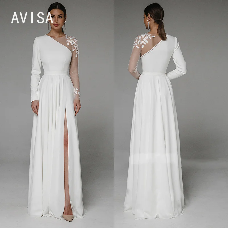 

Asymmetrical Side Slit Wedding Dress Long Sleeve Civil Bridal Gown Party For Bride Button Applique Floor Length Свадебное платье