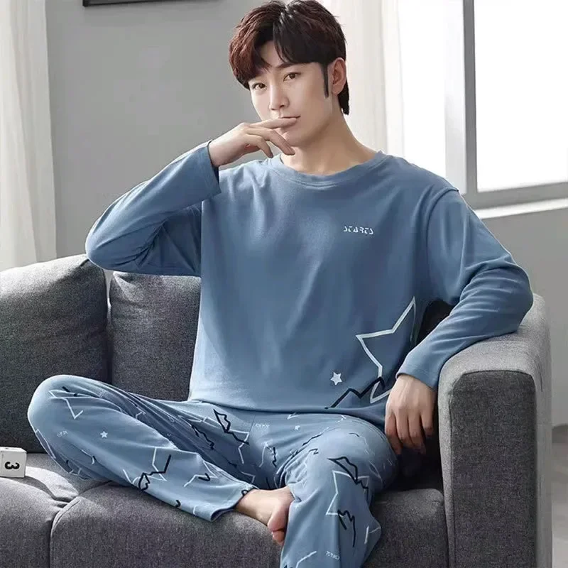 Pajamas Set of Men Cotton Long-Sleeved Simple Cartoon Dinosaur Sleepwear Homewear Students Two-Piece Nightwear Loungewear pajama sets